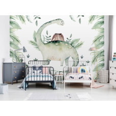 Een fotobehang met dinosaurussen en een jungle-thema met botanische bladeren voor een kinderkamer.
