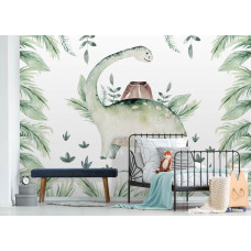 Een fotobehang met dinosaurussen en botanische bladeren in een kleurrijke setting voor een slaapkamer.