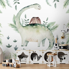 Een speels fotobehang met dinosaurussen en botanische accenten in een vrolijke stijl voor een speelkamer.
