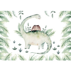 Fotobehang met dinosaurussen en botanische bladeren, perfect voor een avontuurlijke look.