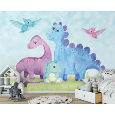 Een speels en kleurrijk fotobehang met dinosaurussen voor een vrolijke kamer.