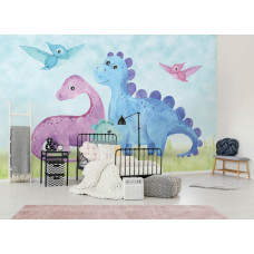 Een fotobehang met dinosaurussen in vrolijke kleuren, ideaal als kinderbehang.
