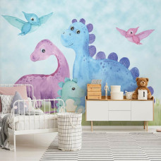 Een vliesbehang met een speels dinosaurus-thema voor een kinderkamer.