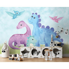 Een fotobehang met een levendig dinosaurus-ontwerp voor een babykamer.