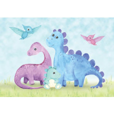 Fotobehang met grote dinosaurussen, weergegeven op vliesbehang voor een realistisch effect.