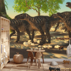 Een fotobehang met een speelse dinosaurusfamilie, weergegeven in een jongenskamer.