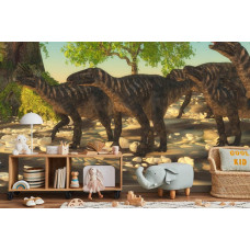 Een fotobehang met een familie van dinosaurussen, afgebeeld in een kinderkamer.