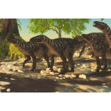 Een dino-familie, bestaande uit verschillende soorten dinosaurussen, afgebeeld op een speels fotobehang.