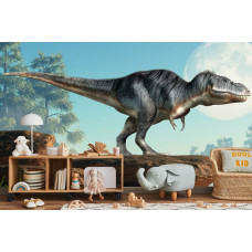 Een fotobehang met een indrukwekkende dinosaurus op een rots in een kinderkamer.