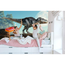Een fotobehang met een krachtige dinosaurus op een rots, weergegeven in een meisjeskamer.