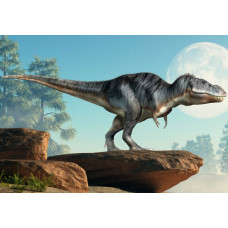 Een dinosaurus die op een rots staat, terwijl het omliggende landschap een groots prehistorisch tafereel biedt op dit fotobehang.