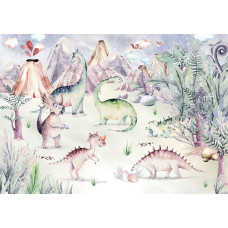 Kinderbehang van dinosaurussen die door een kleurrijke jungle spelen, speciaal voor kinderkamers.
