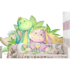 Een fotobehang met een speels dinosauruslandschap in een babykamer.