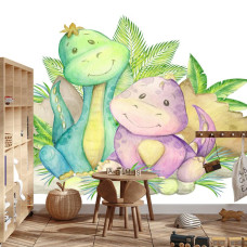 Een fotobehang met dino-vrienden in een kleurrijke omgeving, weergegeven in een jongenskamer.