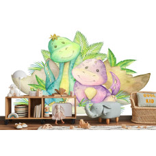 Een fotobehang met gezellige dino's in een kinderomgeving.