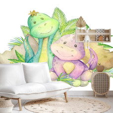 Een fotobehang met vrolijke dino-vrienden, afgebeeld in een speelkamer.