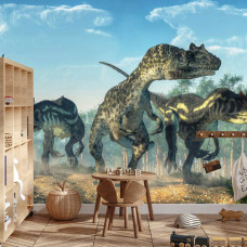 Een fotobehang met een dinosaurus in een bosrijke setting, afgebeeld in een jongenskamer.