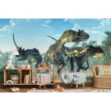 Een fotobehang met dinosaurussen in een bosrijke omgeving, weergegeven in een kinderkamer.