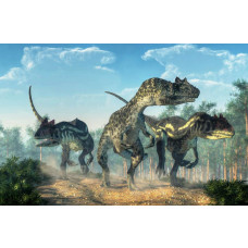 Dinosaurussen bewegen zich door het bos, terwijl bomen en planten hun weg omlijnen in dit fotobehang.