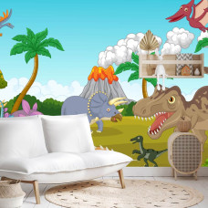 Een fotobehang met een vulkanisch dinosauruslandschap, weergegeven in een babykamer.