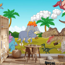Een fotobehang met dinosaurussen in een jungle met een vulkaan op de achtergrond, weergegeven in een jongenskamer.