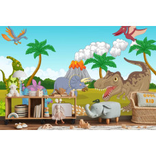 Een fotobehang met dinosaurussen voor een vulkaan, afgebeeld in een kinderkamer.