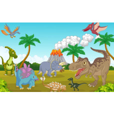 Een groep dinosaurussen in een prehistorisch landschap voor een vulkaan, weergegeven op fotobehang.
