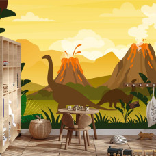 Een fotobehang met kleurrijke dinosaurussen nabij een vulkaan in een jongenskamer.
