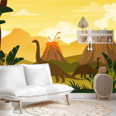 Een fotobehang met dinosaurussen bij een actieve vulkaan, afgebeeld in een speelkamer.