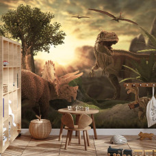 Een fotobehang met diverse dinosaurussen in een tropisch bos, weergegeven in een jongenskamer.