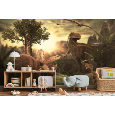 Een fotobehang met dinosaurussen in een jungleomgeving, afgebeeld in een kinderkamer.