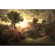Fotobehang van dinosaurussen die door een dichte jungle trekken, omringd door weelderige planten en bomen.