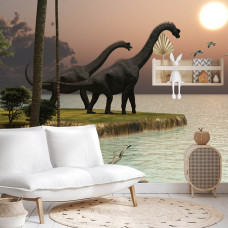 Een fotobehang met een speels ontwerp van dinosaurussen bij een waterplas, afgebeeld in een babykamer.