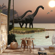 Een fotobehang met een kleurrijk landschap van dinosaurussen, weergegeven in een jongenskamer.