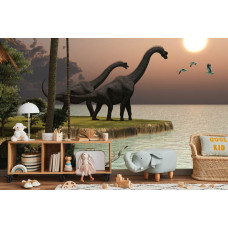 Een fotobehang met dinosaurussen in een levendige omgeving, weergegeven in een kinderkamer.