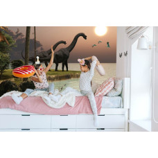 Een fotobehang met dinosaurussen bij het water, afgebeeld in een meisjeskamer.