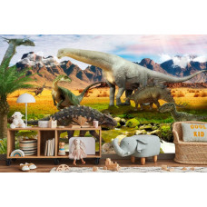 Een fotobehang met een serene riviersetting met dinosaurussen, weergegeven in een kinderkamer.