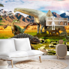 Een fotobehang met dinosaurussen aan een rustige rivier, weergegeven in een speelkamer.