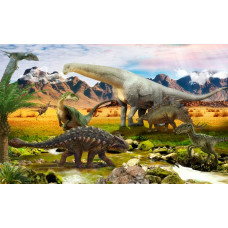 Dinosaurussen bewegen zich langs een rivier, afgebeeld op een levendig fotobehang dat de natuur en dinosaurussen combineert.