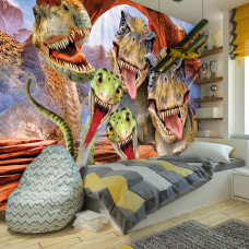 Een fotobehang met speelse dinosaurussen in een kindvriendelijke stijl.