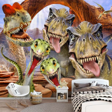 Een fotobehang met dinosaurussen in een grappige selfie-stijl voor een jongenskamer.