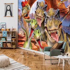 Een fotobehang van dinosaurussen in een vrolijke setting, ideaal voor de speelkamer.