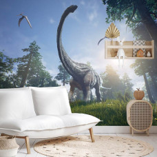 Een fotobehang met een Brachiosaurus in zonovergoten tinten, weergegeven in een jongenskamer.