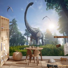 Een fotobehang met een levendige weergave van dinosaurussen, waaronder een Brachiosaurus, afgebeeld in een kinderkamer.