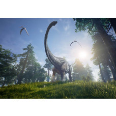 Brachiosaurussen bewegen zich onder de zon door een weids landschap, afgebeeld op een fotobehang met prehistorische flair.