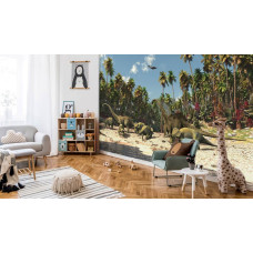 Een fotobehang met dinosaurussen in een jungle voor kinderen in de kinderkamer en jongenskamer.