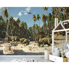 Een fotobehang met dinosaurussen in een jungle voor kinderen in de kinderkamer.
