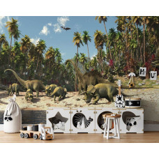 Een fotobehang met dinosaurussen in een jungle voor kinderen in de speelkamer.
