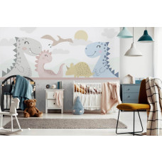 Een fotobehang met pastelgekleurde dinosaurussen, perfect voor een babykamer.