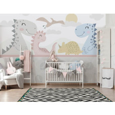 Een zacht en speels dinosaurus-fotobehang in pastel voor een babykamer.